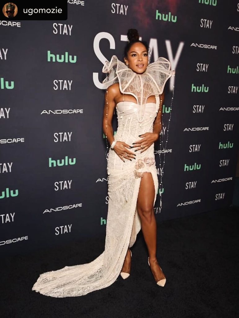 Megalyn Echikunwoke wearing Anaya gown selected by Ugo Mozie for Hollywood premiere